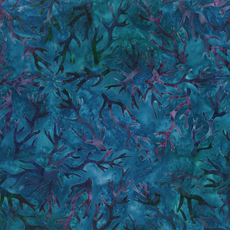 Destination Caribbean Batik 80690-64 Branches Dark Teal designed by Karen Gibbs for Banyan Batiks Northcott