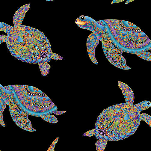Hooked on Fish 13004M-12 Sea Turtles Black/Multi by Ann Lauer of Grizzly Gulch Gallery for Benartex