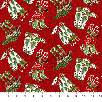 Howdy Christmas 24614-24 Cowboy Boot Toss Red Multi by Deborah Edwards for Northcott
