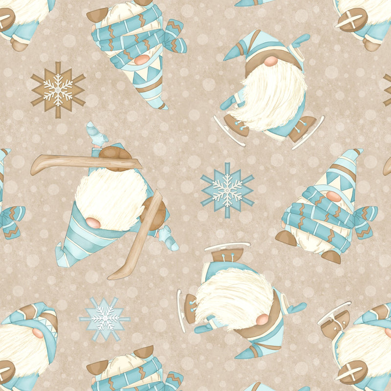 I Love Sn'Gnomies Flannel F9641-33 Beige Skiing Gnomes Shelly Comiskey Henry Glass Fabrics