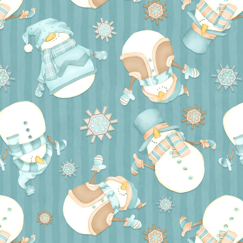 I Love Sn'Gnomies Flannel F9644-11 Dk Aqua Tossed Snowman Shelly Comiskey Henry Glass Fabrics
