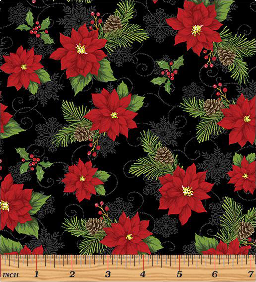 Joy of the Season 13095-12 Joyful Poinsettia Black by Mollie B for Benartex