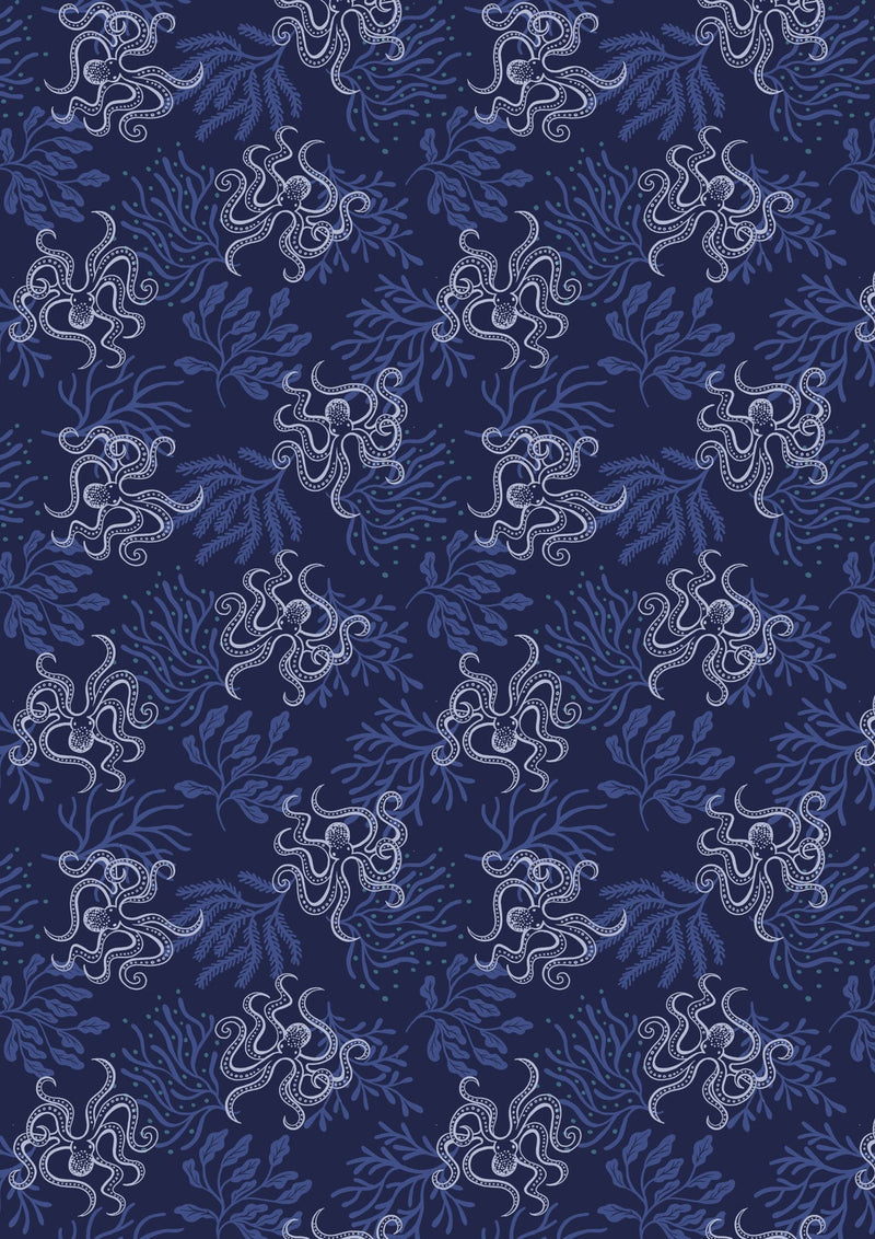 Moontide A621.3 octopus on dark blue with silver metallic by Lewis & Irene