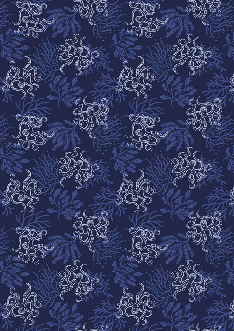 Moontide A621.3 octopus on dark blue with silver metallic by Lewis & Irene