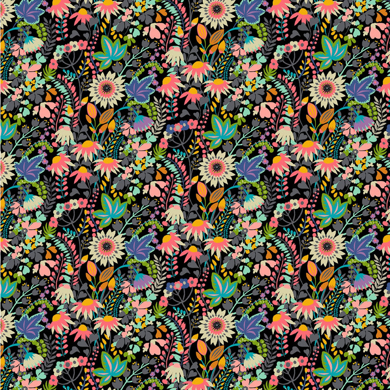 Paradiso 51932D-2 Black Flower Bed Sally Kelly for Windham Fabrics