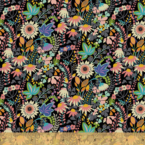 Paradiso 51932D-2 Black Flower Bed Sally Kelly for Windham Fabrics