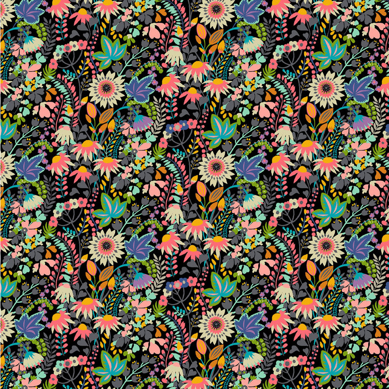 Paradiso Jersey Knit 51932DJ-2 Black Flower Bed 95% Cotton/5% Spandex 58"-60" wide by Sally Kelly for Windham Fabrics