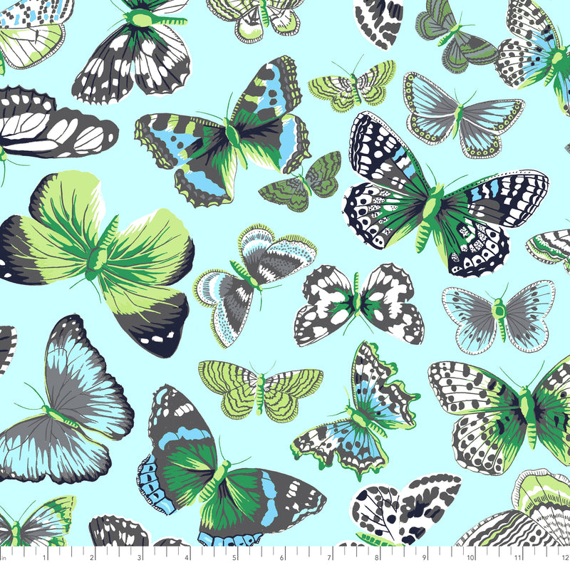 Secret Stream PWSL094.AQUA Butterflies by Philip Jacobs of Snow Leopard Designs for Free Spirit