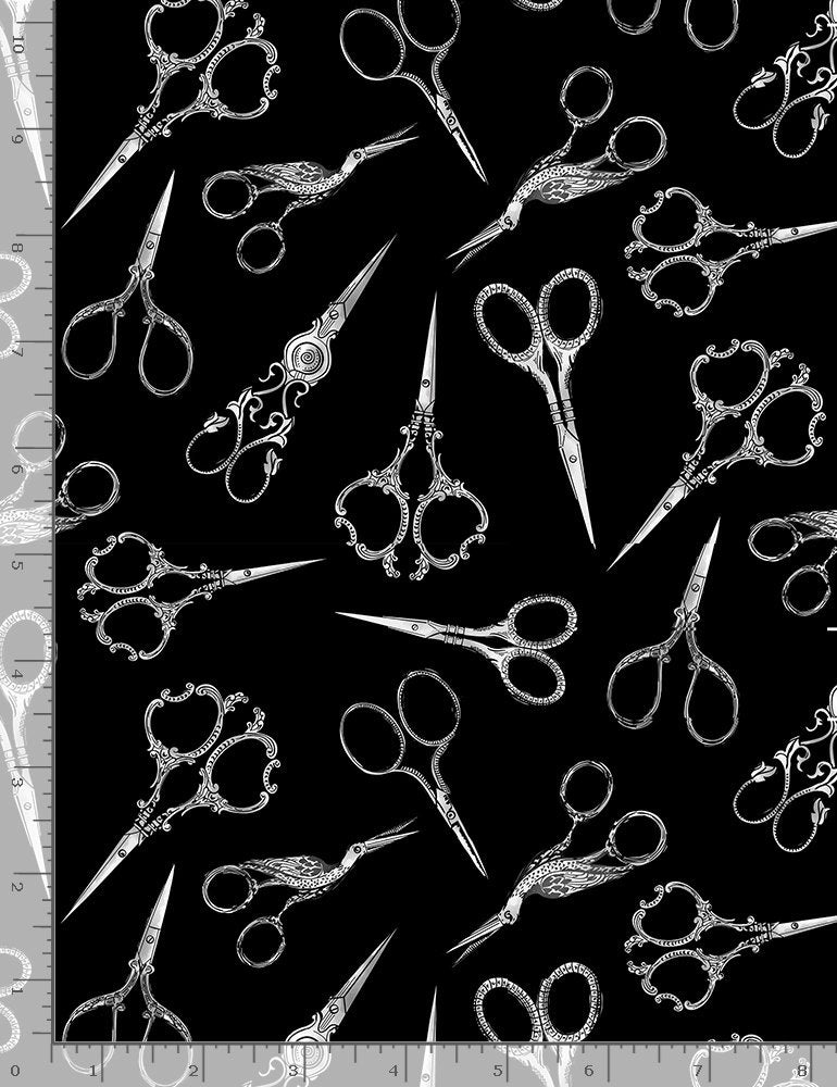 Sew Floral GAIL-C8804 BLACK Tossed Fancy Sewing Scissors Gail Cadden for Timeless Treasures