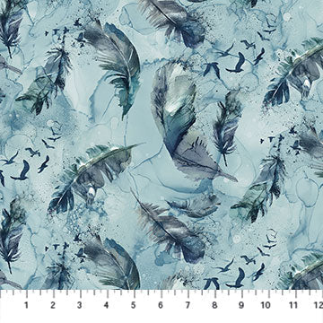 Soar DP24584-44 Feathers Moody Blues Dark by Deborah Edwards and Melanie Samra for Northcott