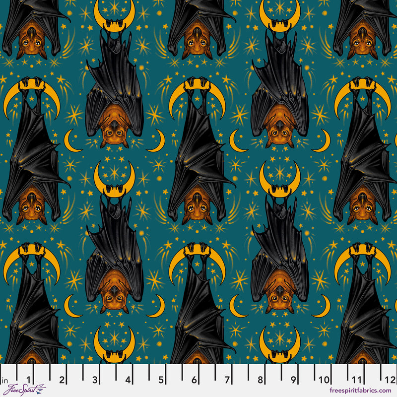 Storybook Halloween PWRH058.TURQ Turquoise Aim for the Moon by Rachel Hauer for Free Spirit