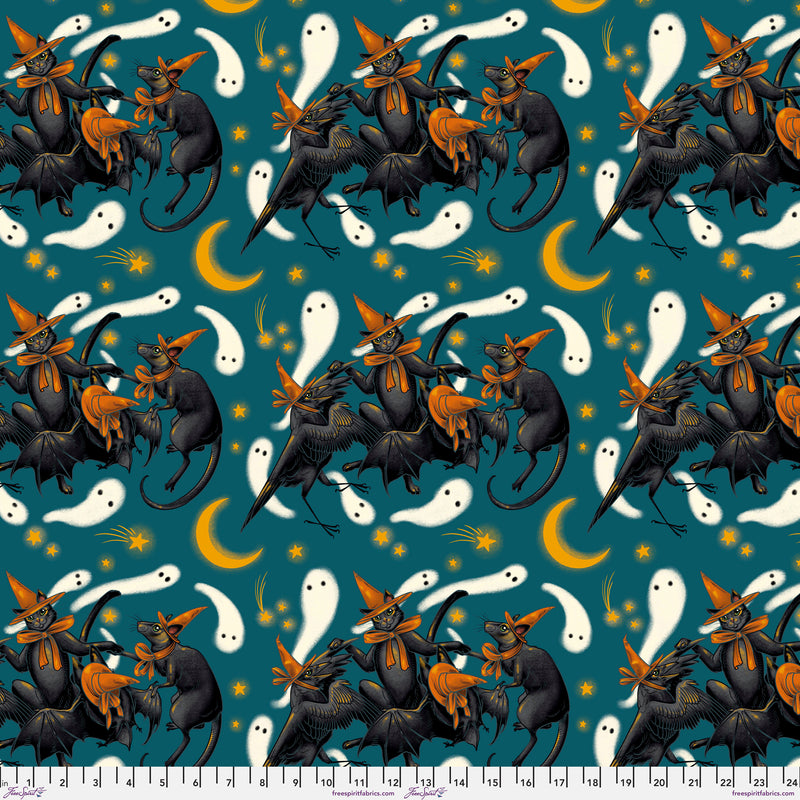 Storybook Halloween PWRH061.TURQ Turquoise Familiar Dance by Rachel Hauer for Free Spirit