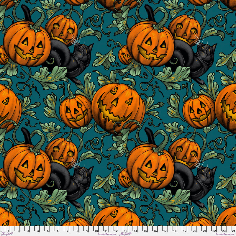 Storybook Halloween PWRH067.TURQ Turquoise Pumpkin Patch by Rachel Hauer for Free Spirit