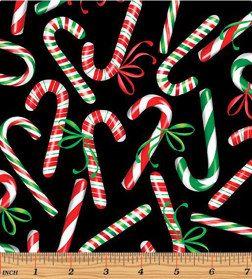 Sweet Holidays 12791-12 Candy Canes & Bows Black by Greta Lynn for Kanvas with Benartex