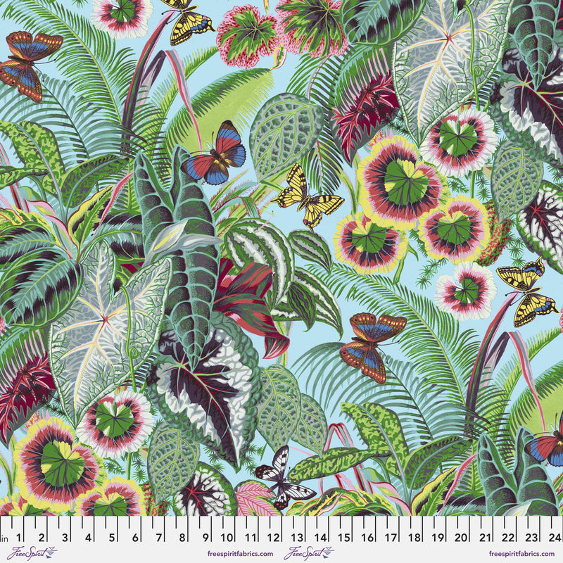 Treasure Island PWSL105.AQUA Tropical Leaves by Philip Jacobs of Snow Leopard Designs for Free Spirit