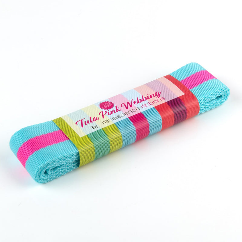 Tula Pink Striped Nylon Webbing - Aqua and Hot Pink