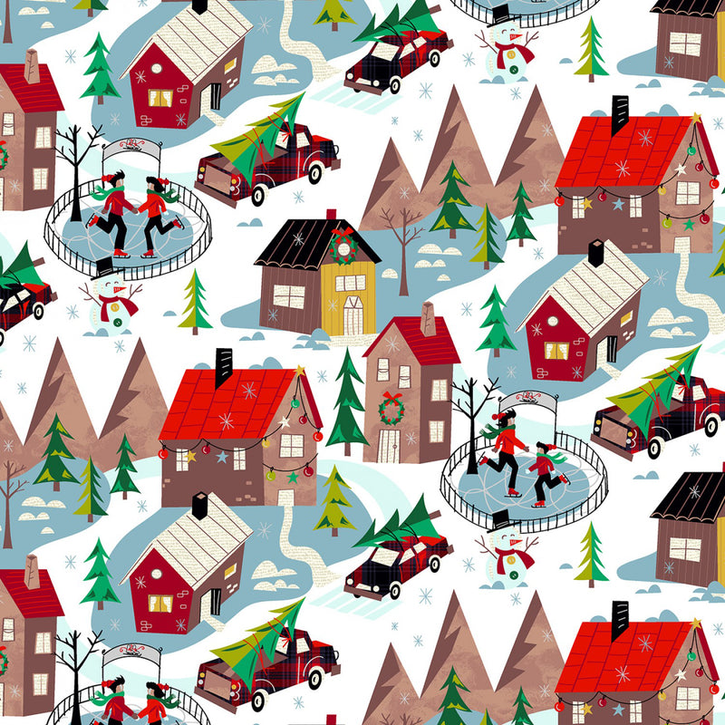 Winter Towne 52630-1 White Home for the Holidays by Whistler Studios for Windham Fabrics